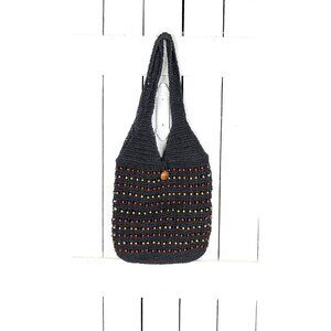 90s black wooden beaded woven straw slouchy market bag